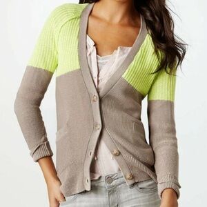 AMERICAN EAGLE - Neon Green + Khaki Tan Knit Button Pockets Cardigan Large NEW